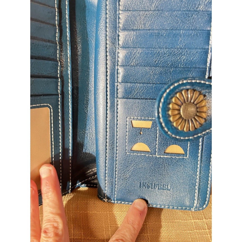 Insifeel Teal Blue Organizer Wallet Flower Snap Zip Around Wristlet 7.5x4.5 - Picture 4 of 14